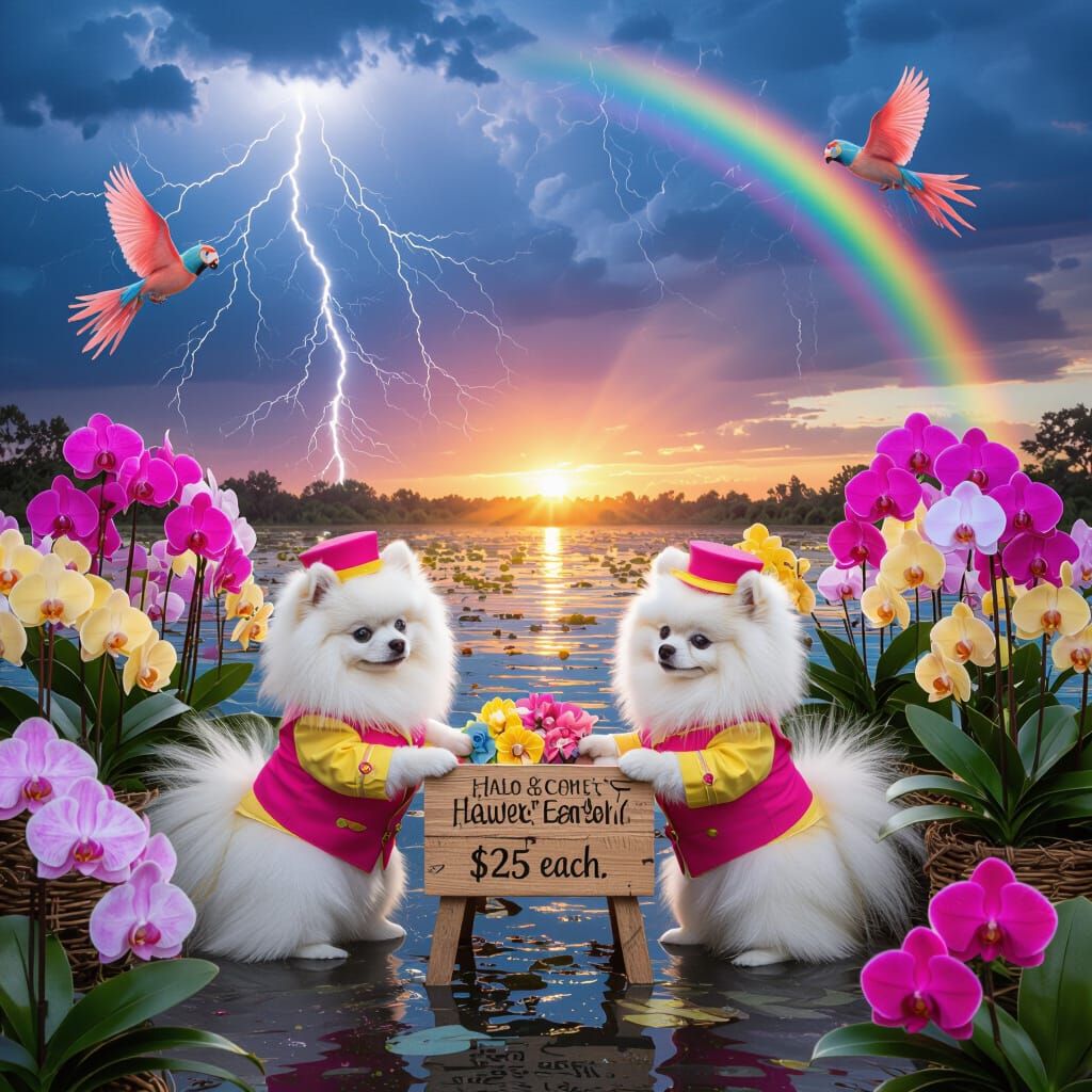 Pomeranians Set Up Orchid Stand in Stormy Swamp