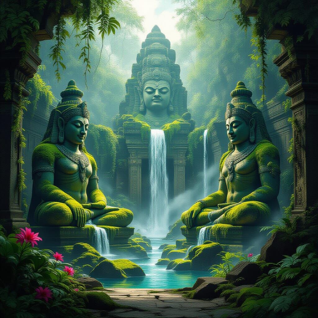 Lost Jungle Temple Garden with Mythical Beast Statues