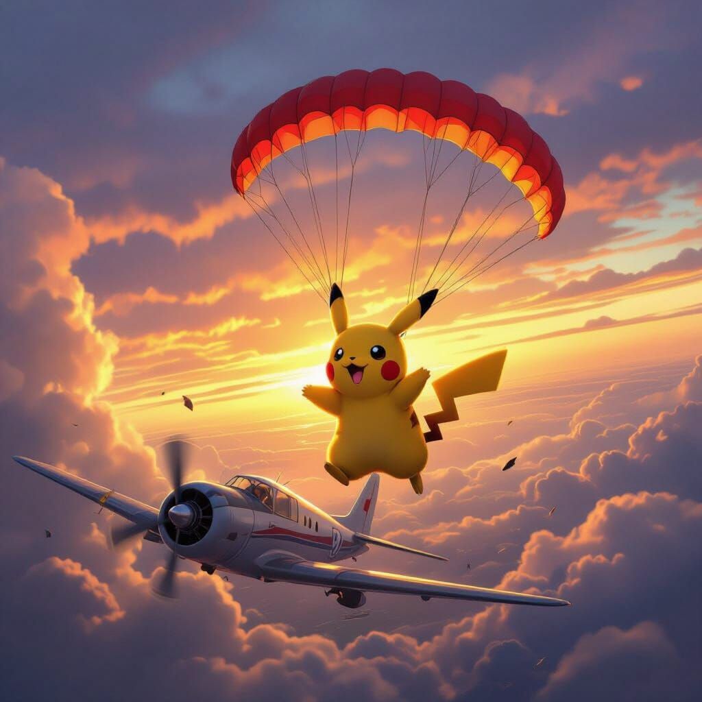 Pikachu Parachutes from Crashing Plane in Golden Hour