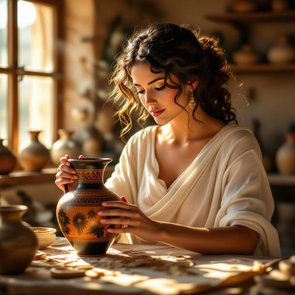 Ancient Greek Woman Painting Pottery in Golden Hour Light