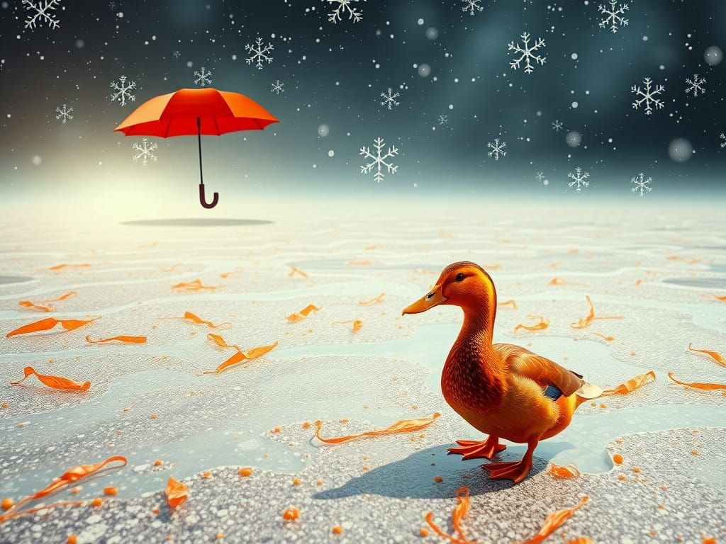 Surrealist Duck Wades Through Crystalline Ice Under Pierced....