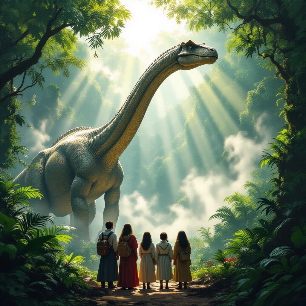 Humans Gaze at Brachiosaurus in Jungle Scene