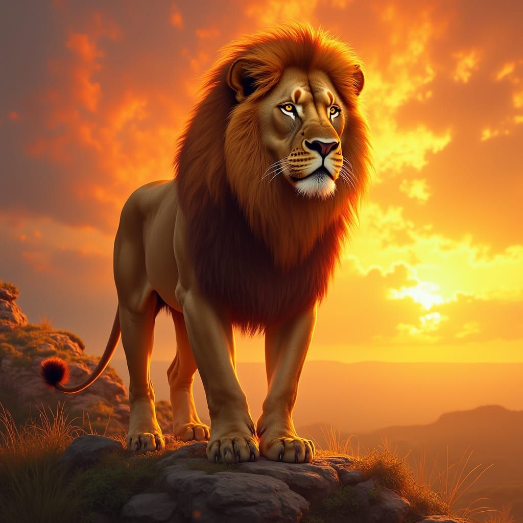 Lion with Fiery Mane on Savanna Outcrop
