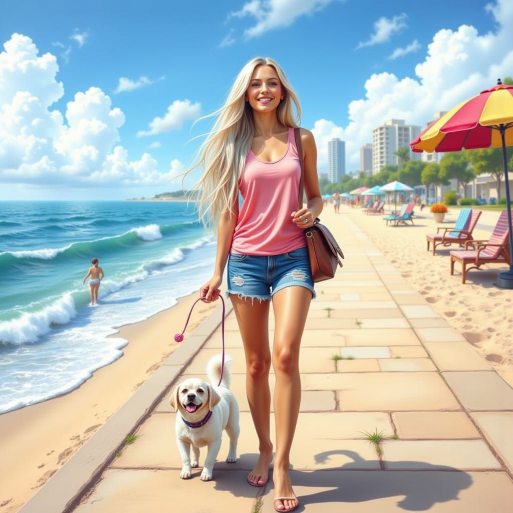 Woman with White Hair Walks Maltese Dog on Beach Boardwalk