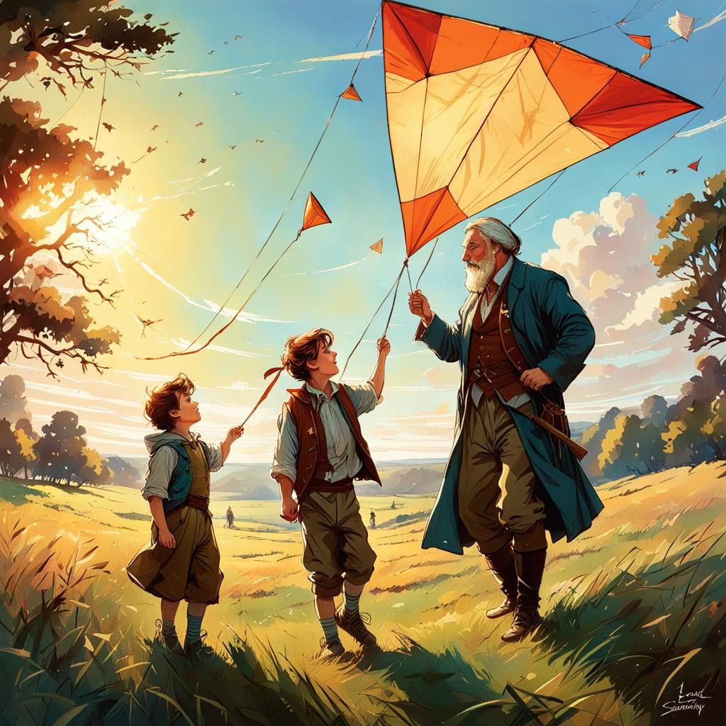 Father and Son Play Kite: Digital Illustration