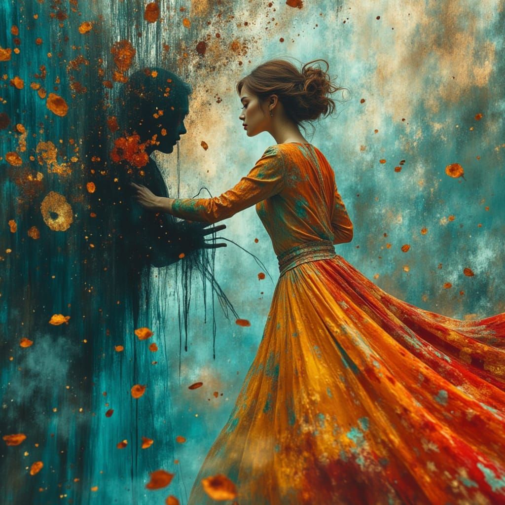 Woman Battles Shadow in Surreal Dreamscape