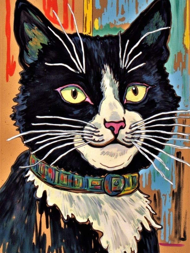 Dramatic Black Cat Portrait in Whimsical Bohemian Style