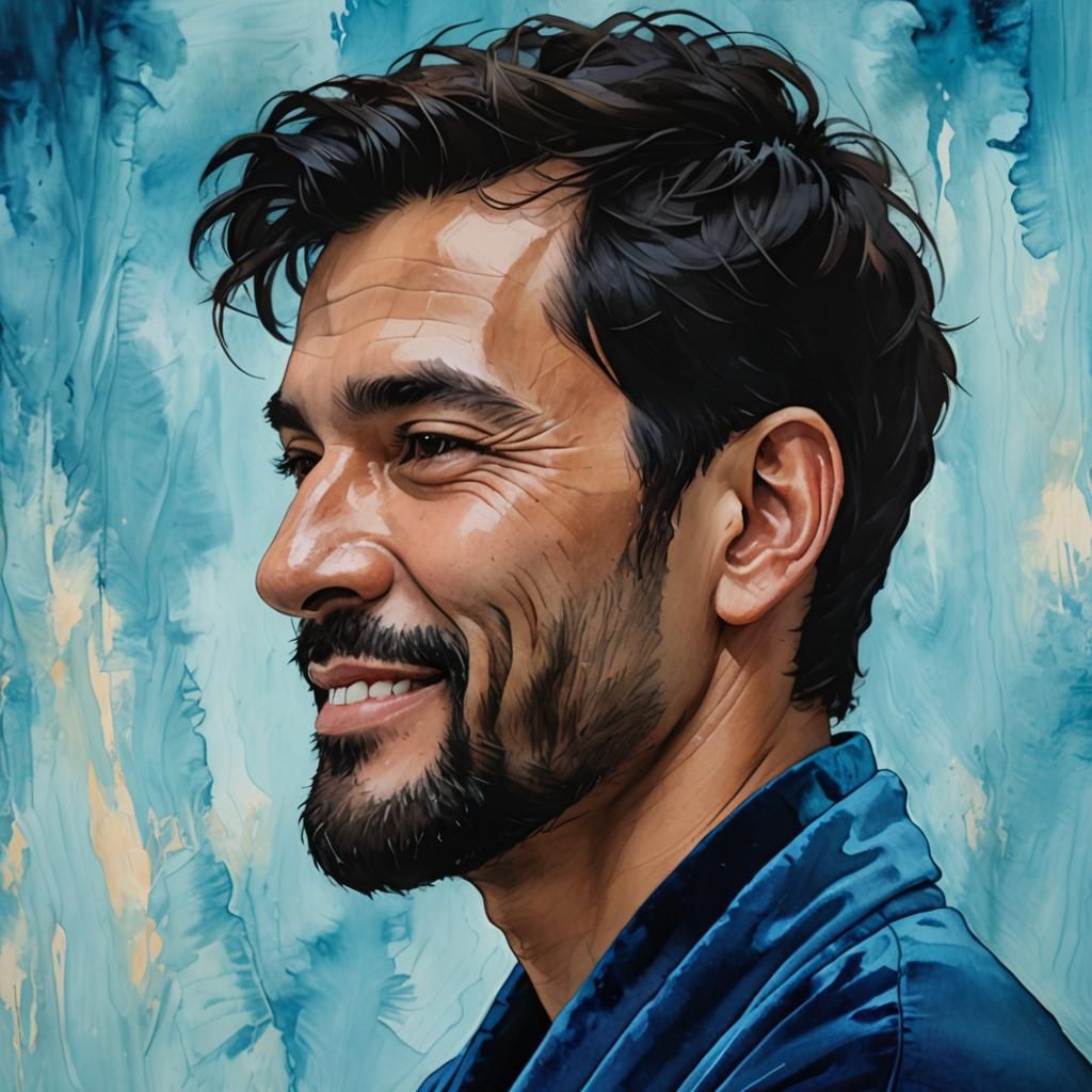 Peruvian Man in Blue Robe, Alcohol Ink Portrait