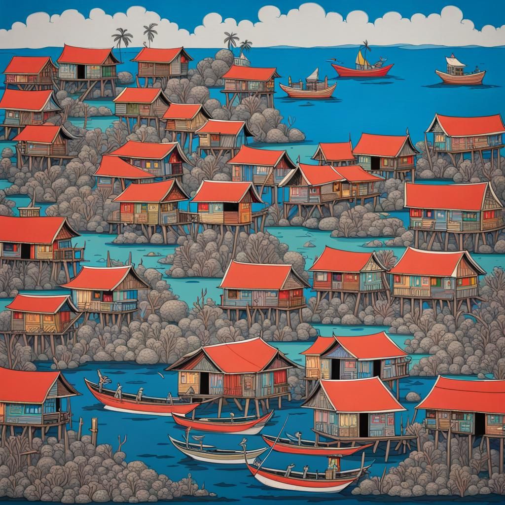 Stilt Houses and Coral Reef in Gond Style