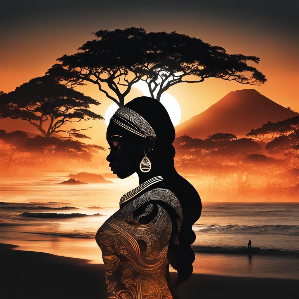 Goddess Silhouette Double Exposure with Sunset Coast