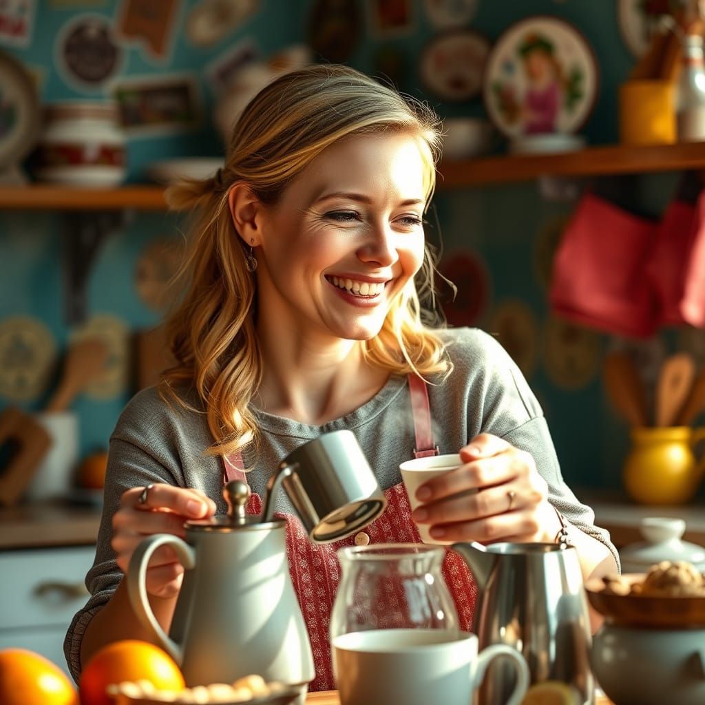 Cozy American Homemaker Radiates Joy as She Prepares Coffee