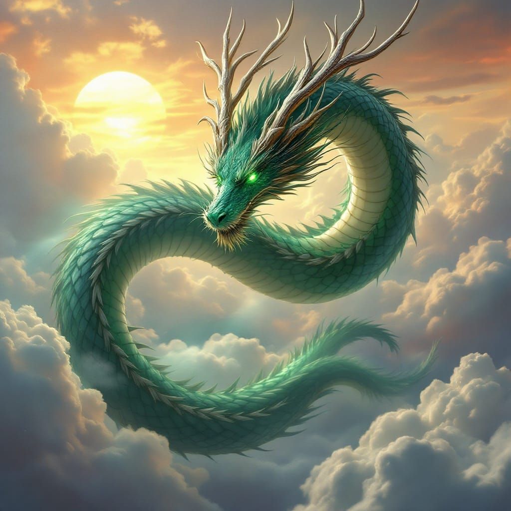 Ethereal Eastern Dragon Soars Through Golden Sunset