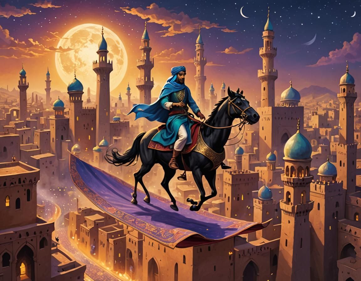 Arabian nights hero riding on a magic carpet past towers of ...