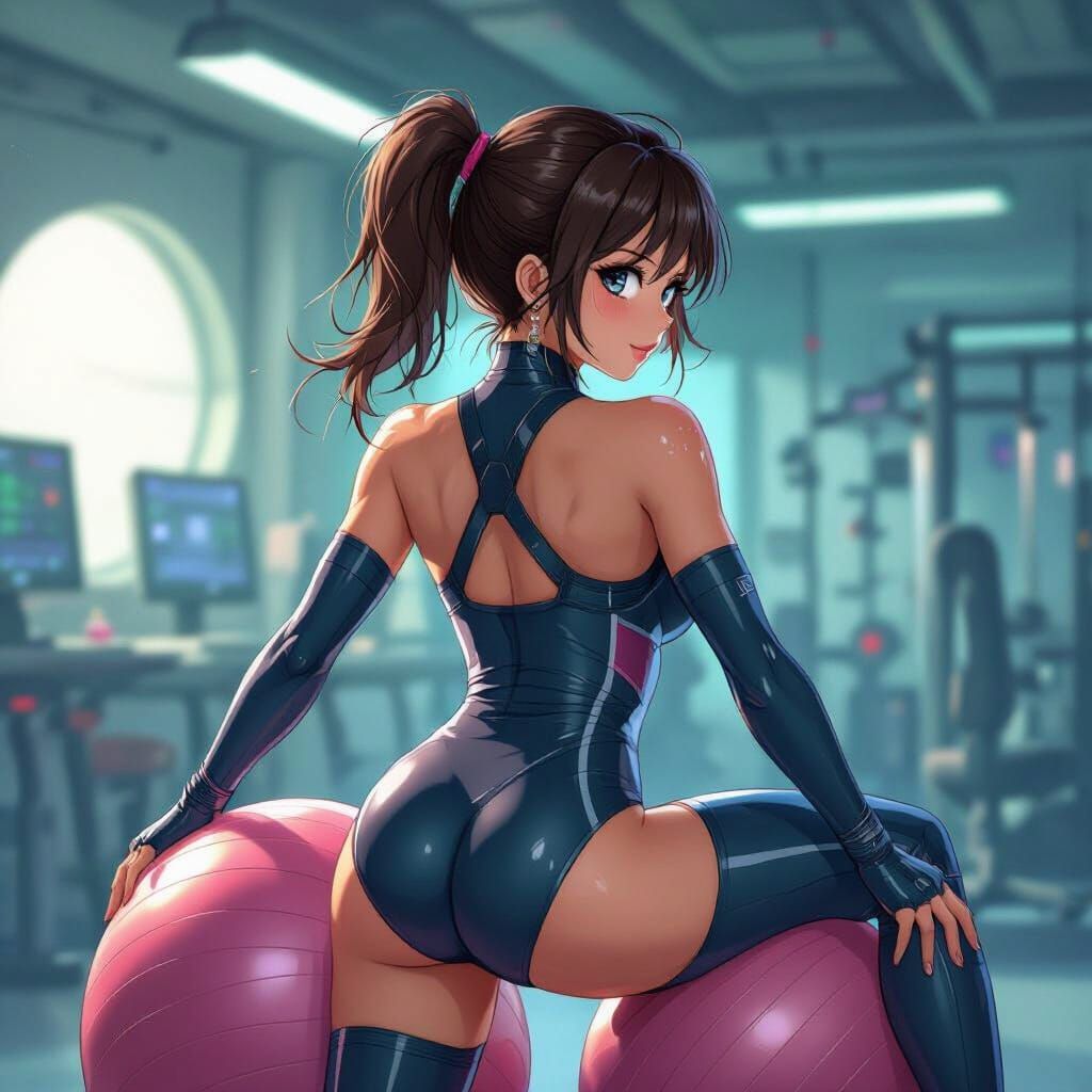 Anime Woman Bouncing in Cyberpunk Lab