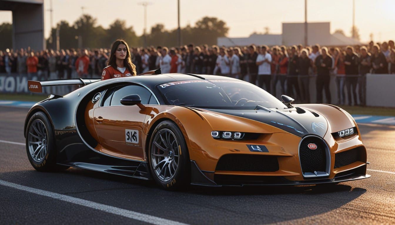 Girl With Bugatti F1 Race Car on Track