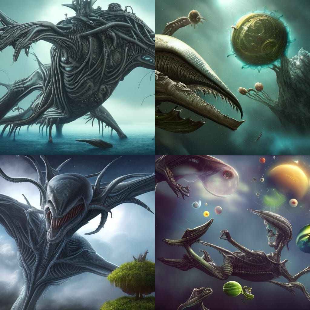 Alien Creatures Living in Space: Detailed Matte Painting