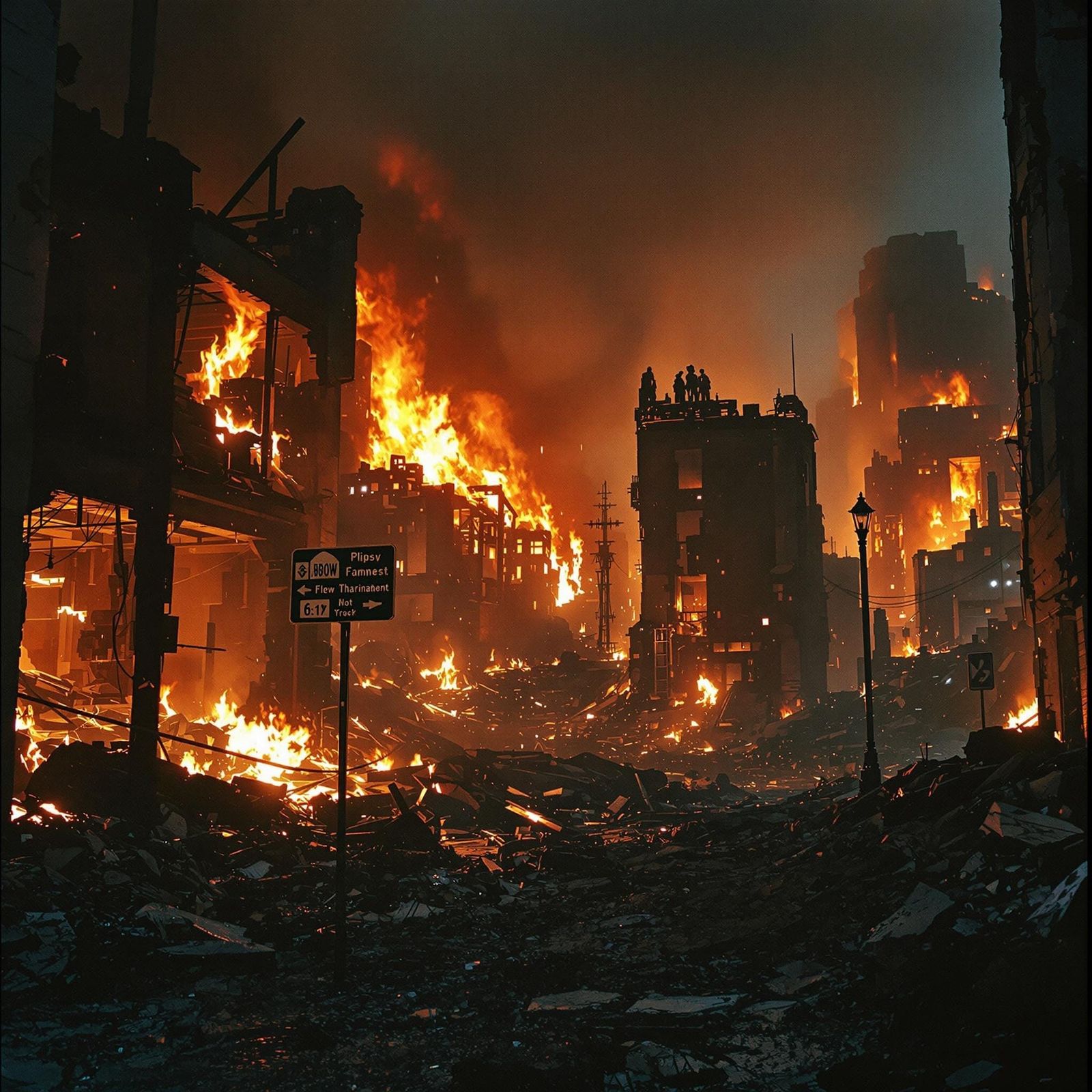 Cyberpunk Cityscape in Smoldering Ruins