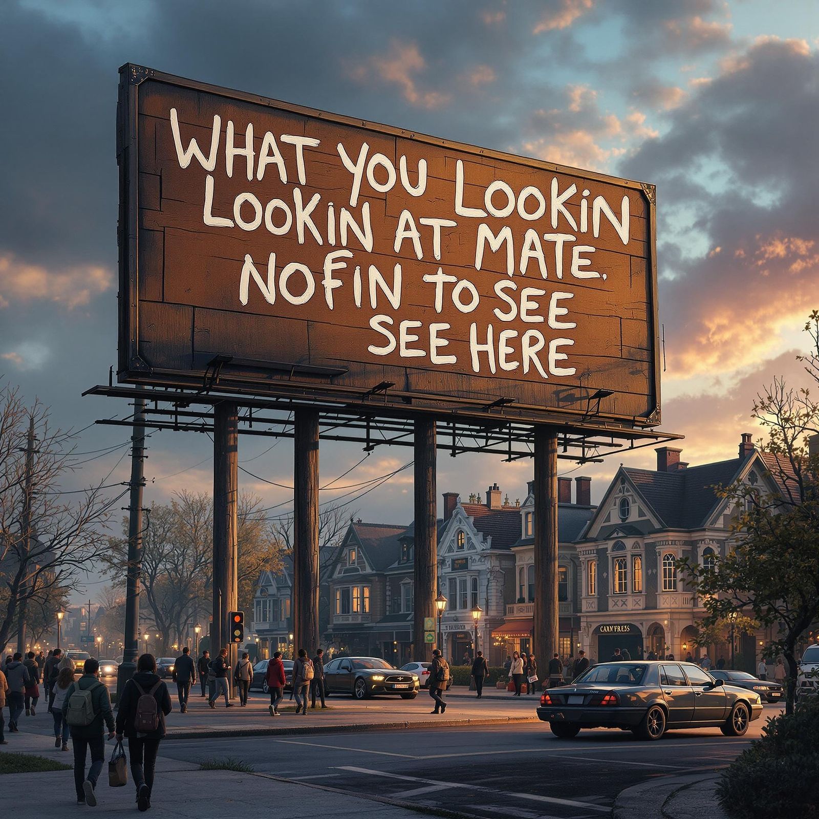 Weathered Billboard in Whimsical Suburban Town