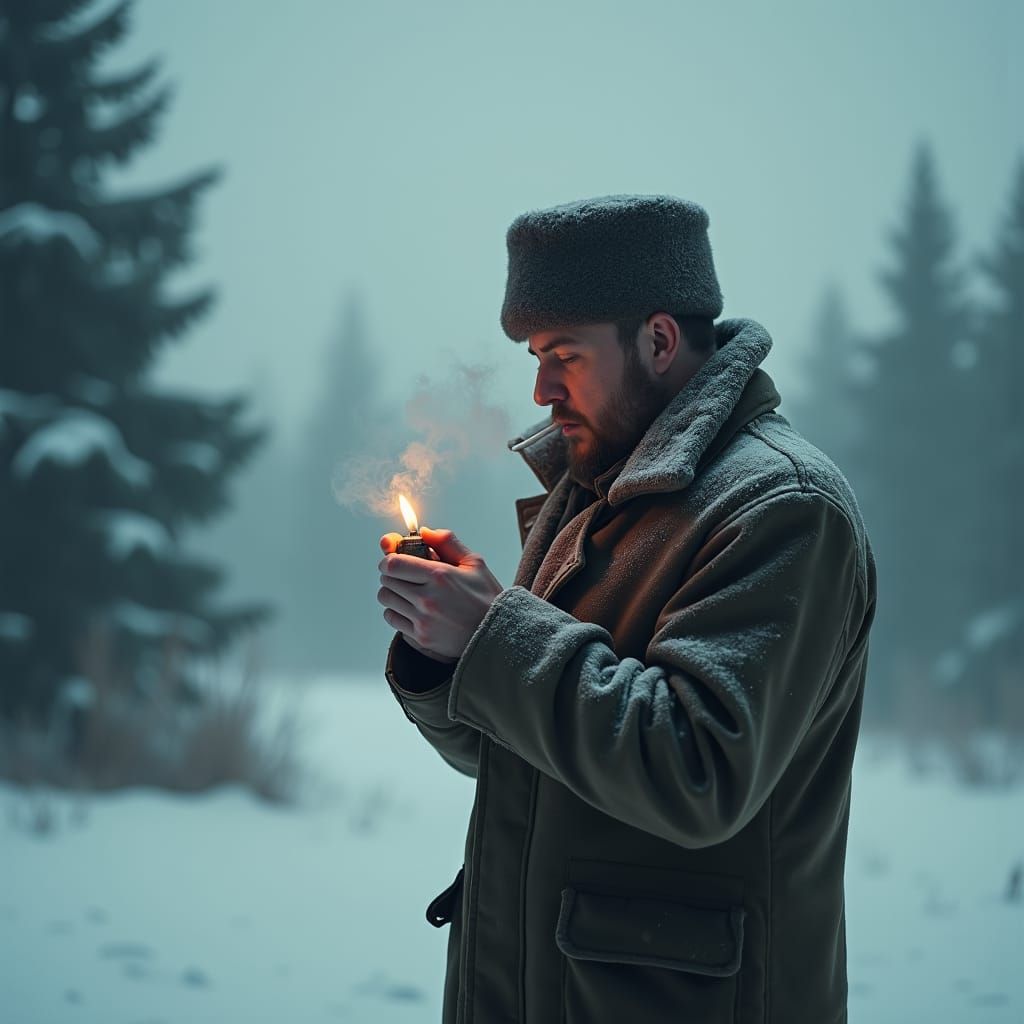 Soldier Lighting Cigarette on Foggy Winter Night