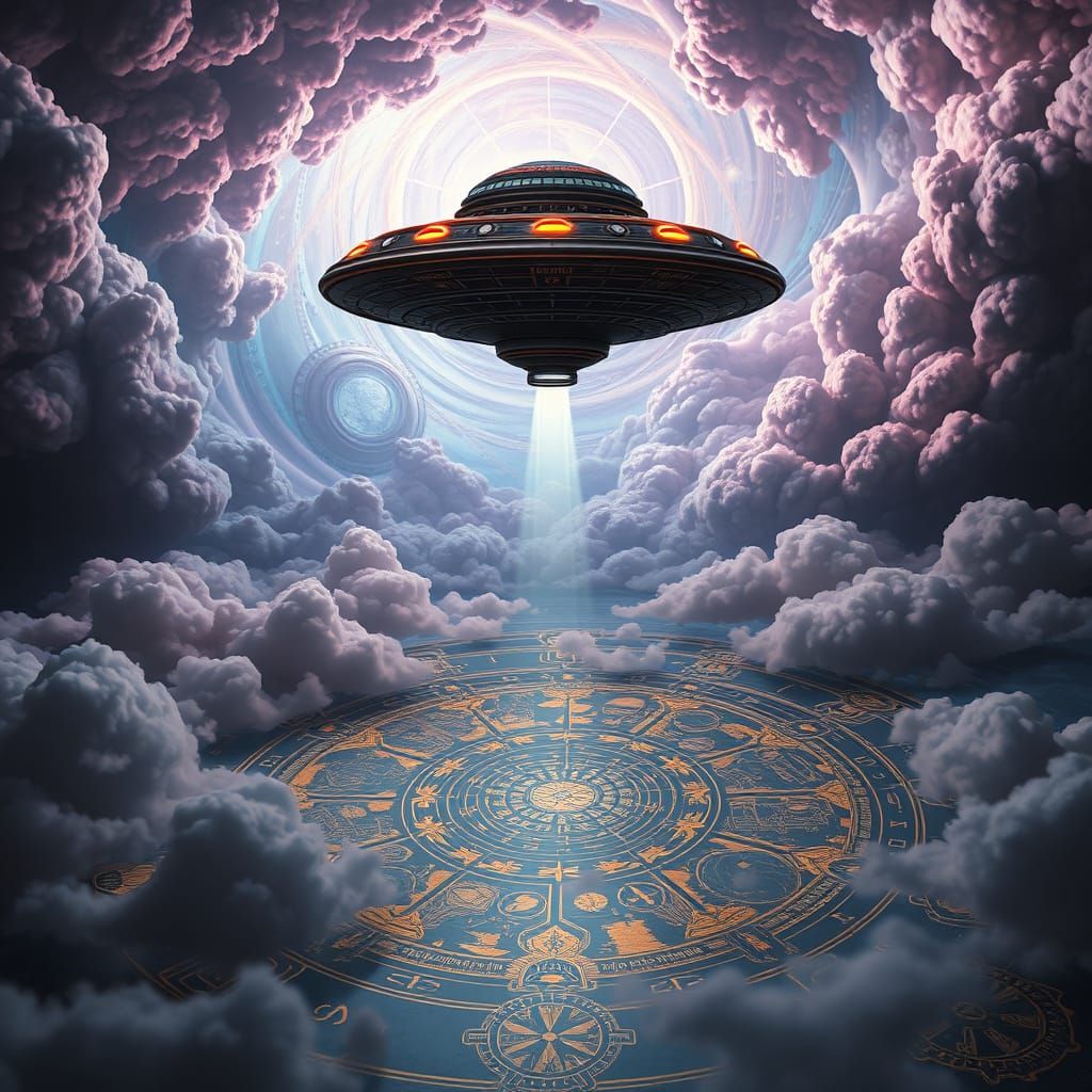 Ethereal UFO Tarot Cards in Dreamlike Fantasy Landscape