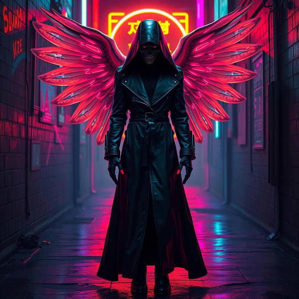 Cyberpunk Angel of Death in Neon Alleyway