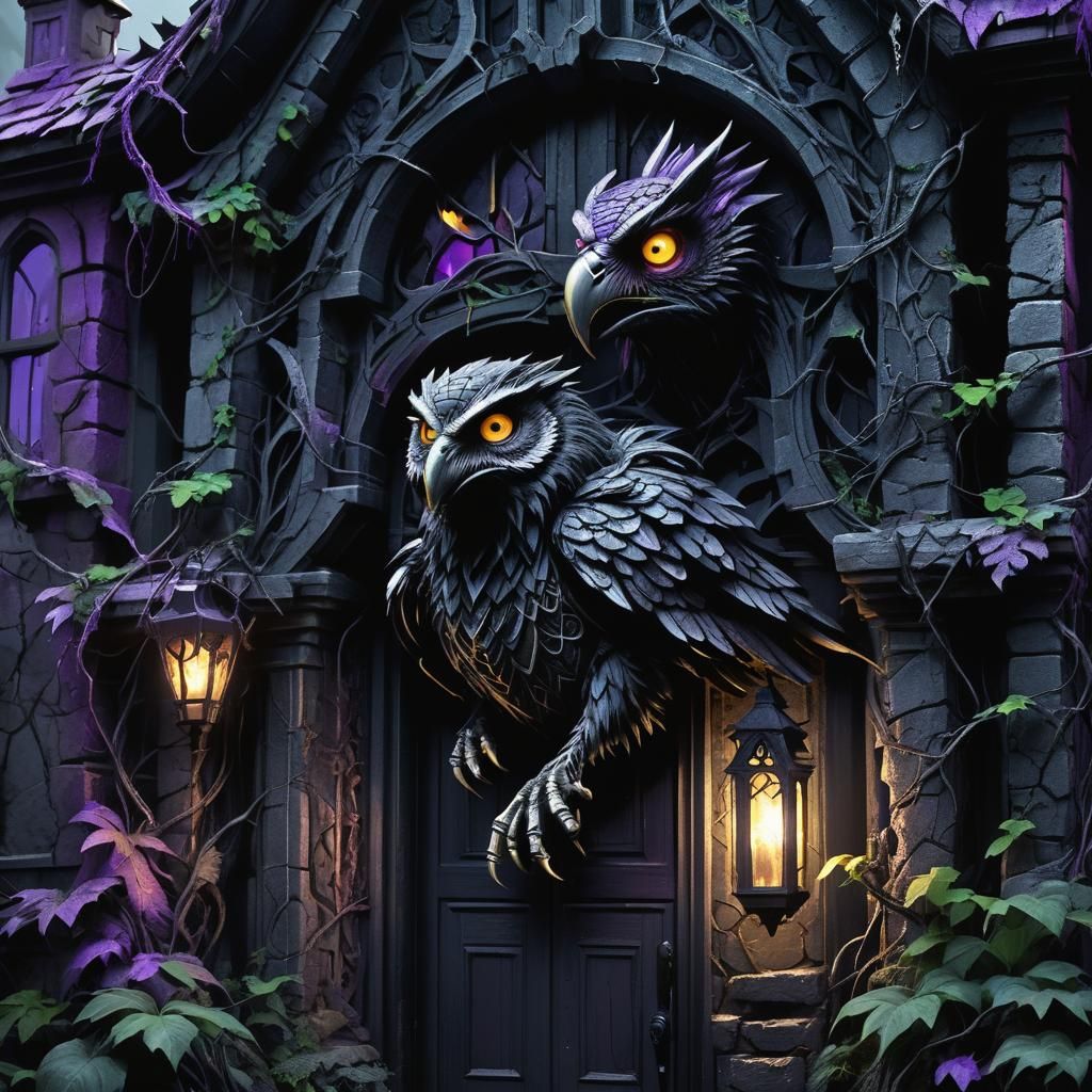 Dark Fantasy Haunted House with Velociraptor, 8k