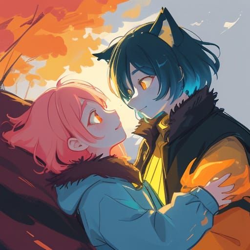 Romantic Wolf Couple in Vibrant Sunset Setting