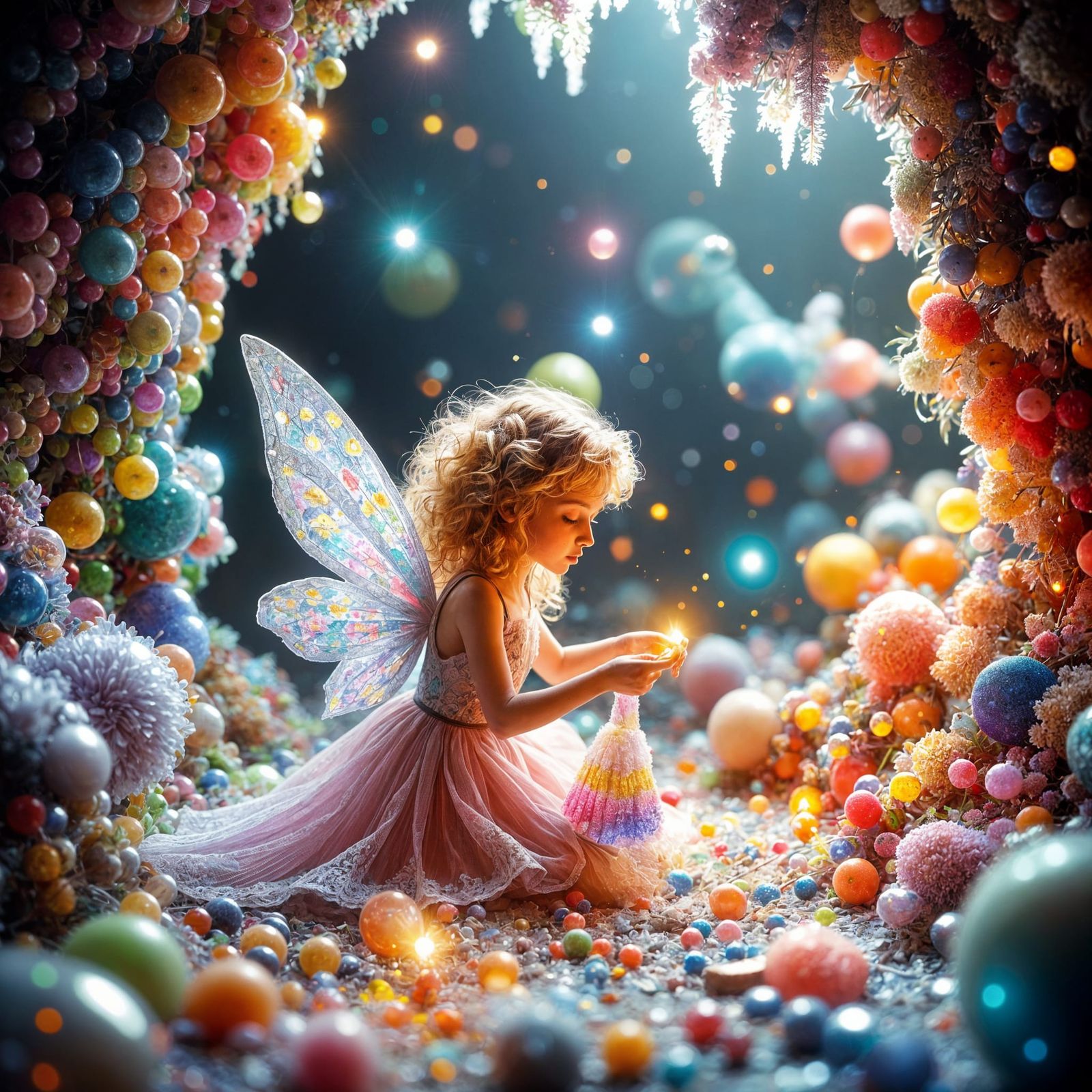 Whimsical Fairy's Sewing Lair in a Magical Cave