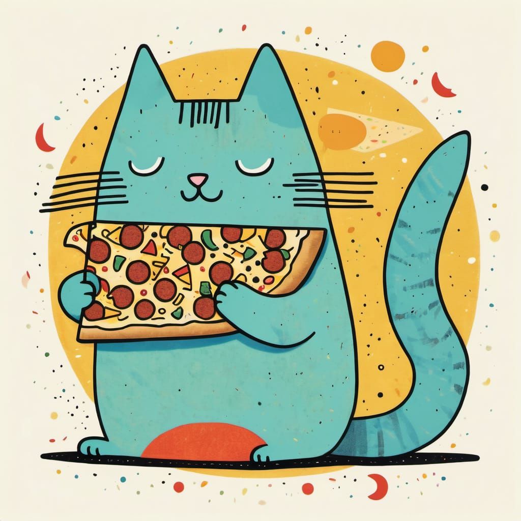 Cat Eating Pizza in Cartoon Style