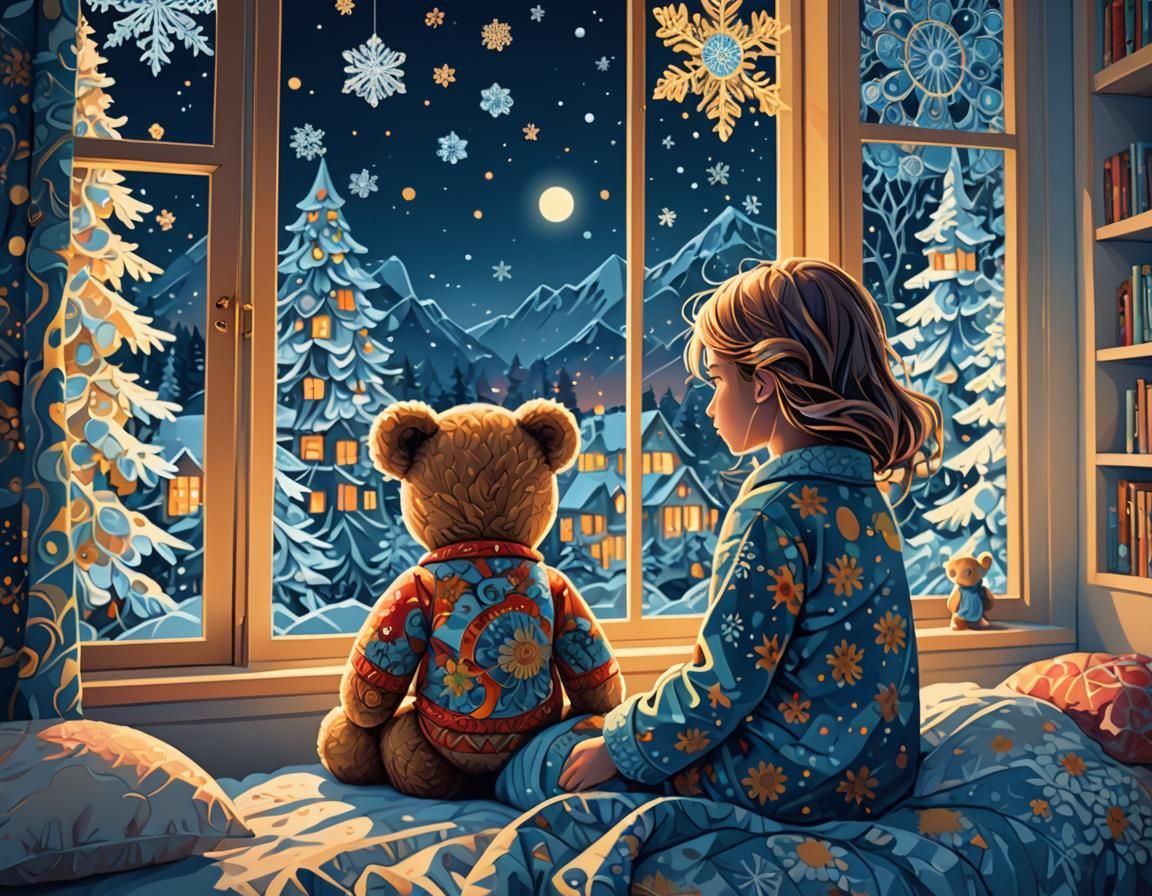 Girl Gazing at Snowfall: Abstract Vector Fractal Art