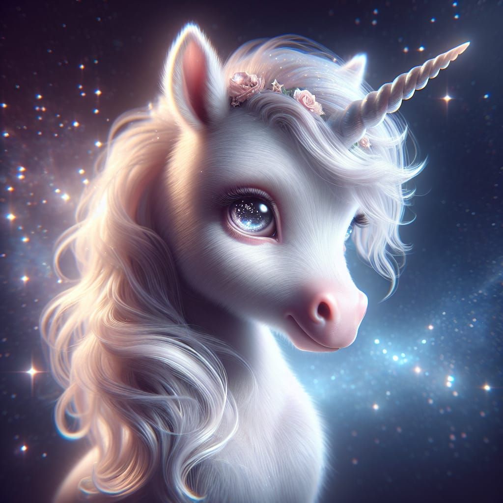 Hyper-realistic beautiful ethereal magical baby unicorn with...