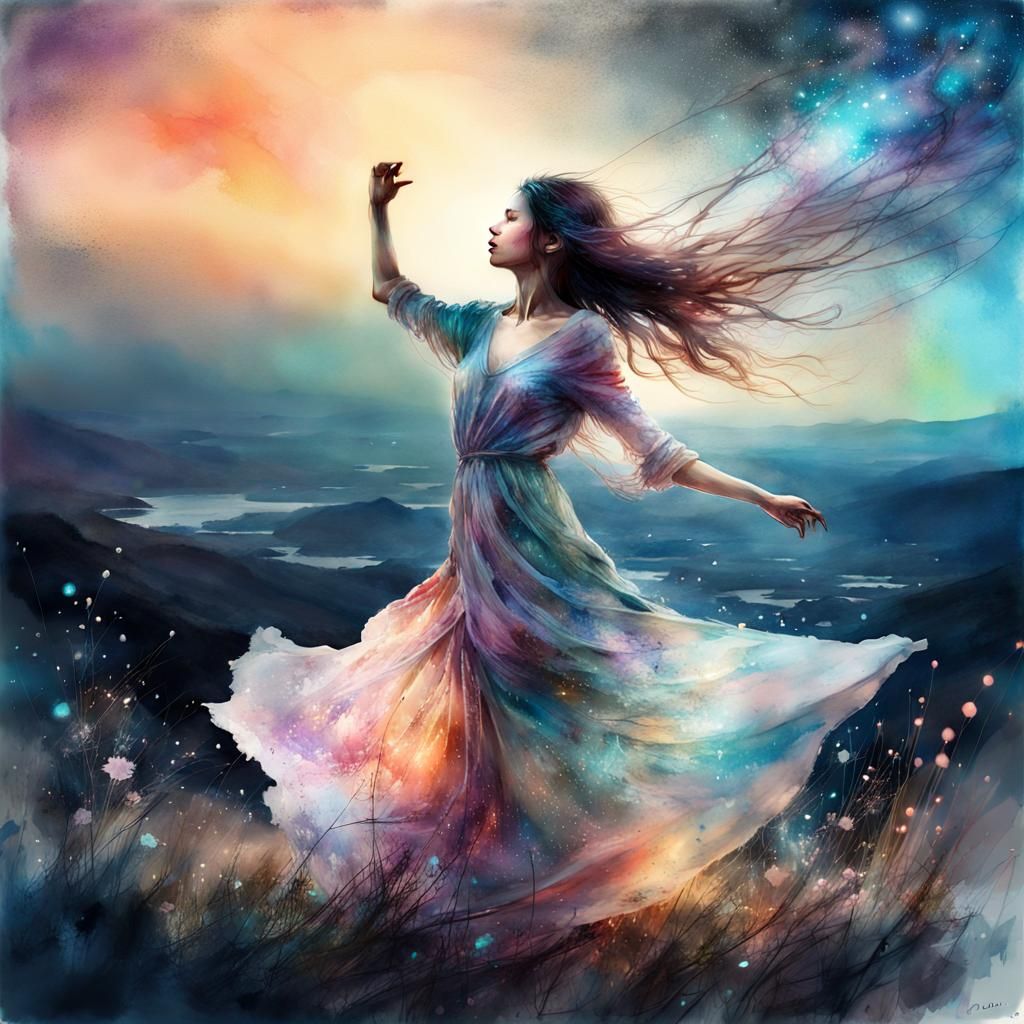 Bioluminescent Dancer in Cosmos, Digital Watercolor