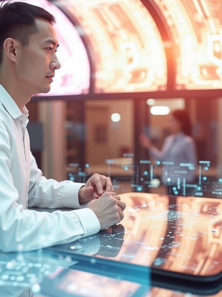 Futuristic Tech Photo with Holograms and Neon Lights