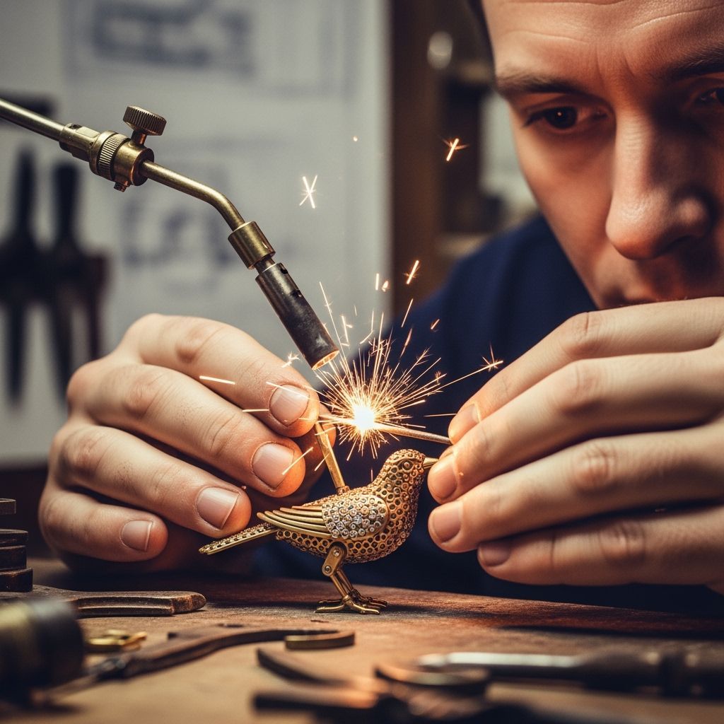 Artisan Crafts Brass Automaton Bird with Gemstones