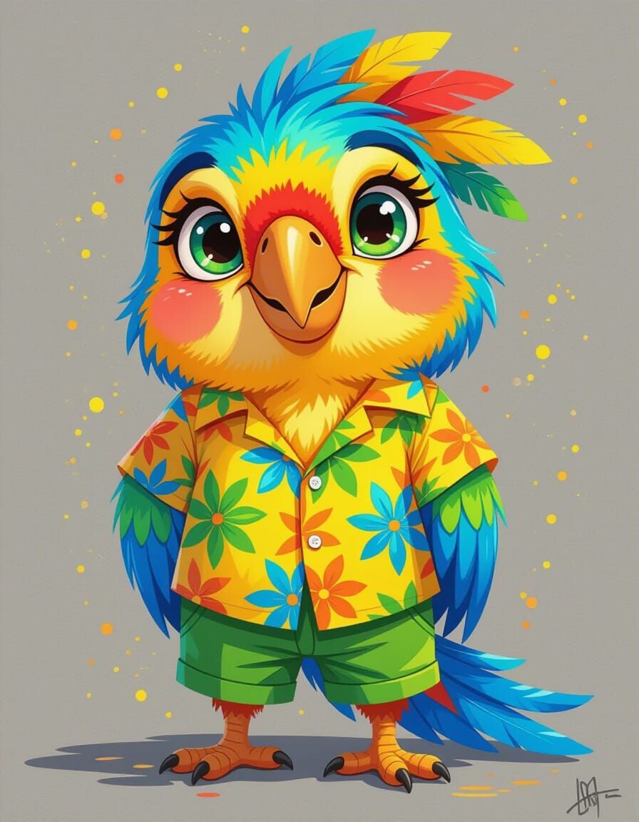 Cartoon Parrot in Hawaiian Shirt, Graffiti Art Style