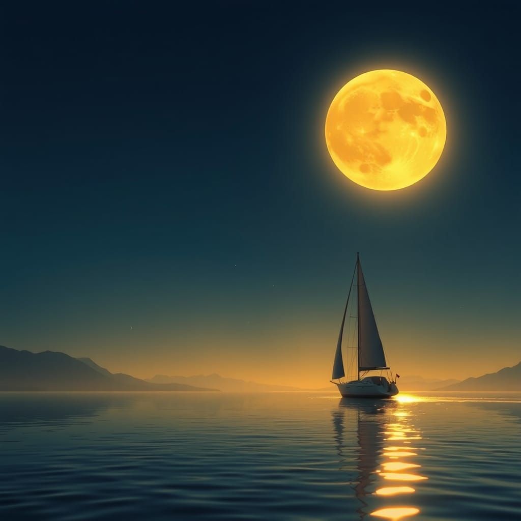 Sailboat Sailing in Golden Moonlight