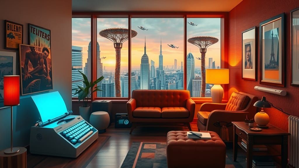 Retro-Futuristic Living Room with Holographic Typewriter
