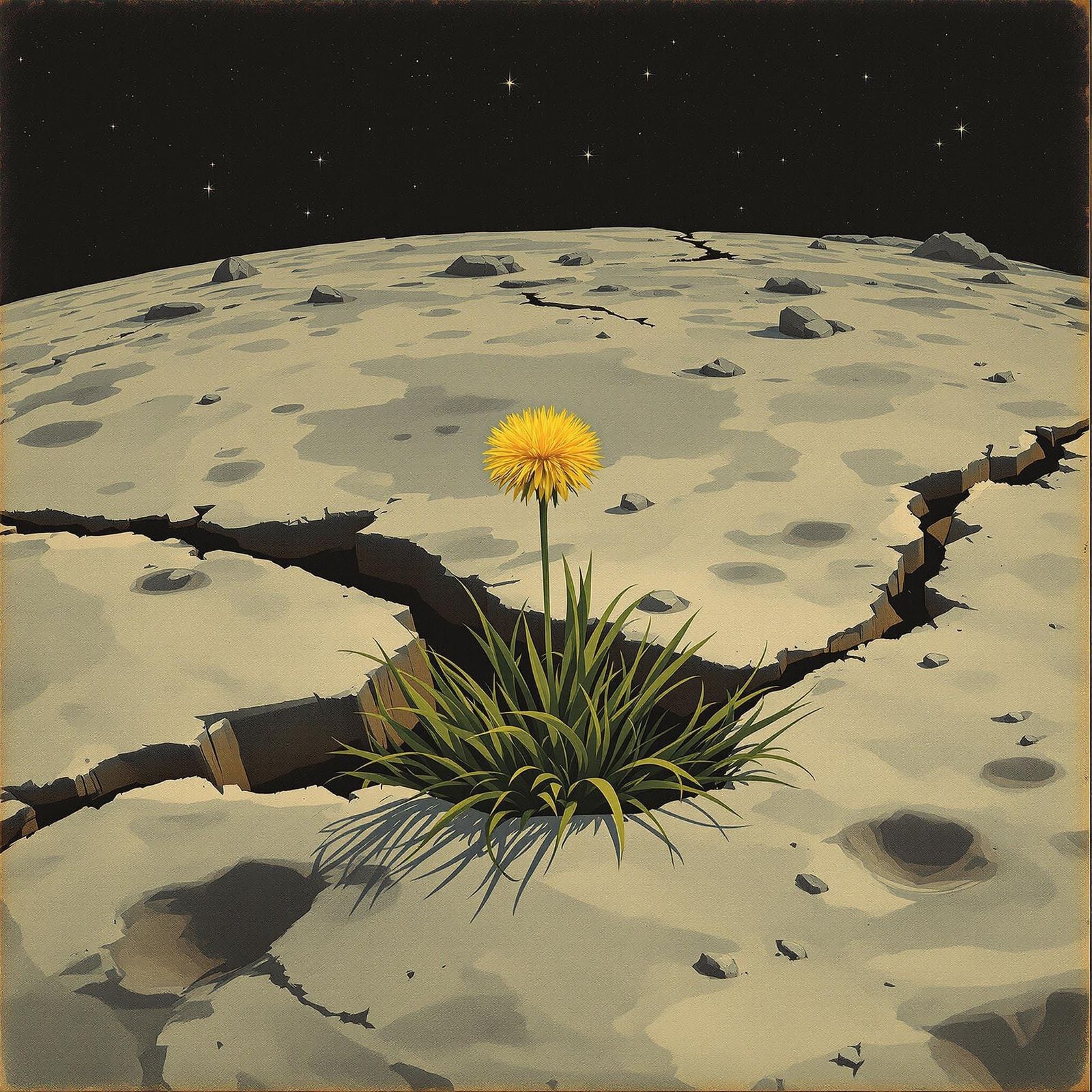Dandelion on the Moon as Vintage Painting