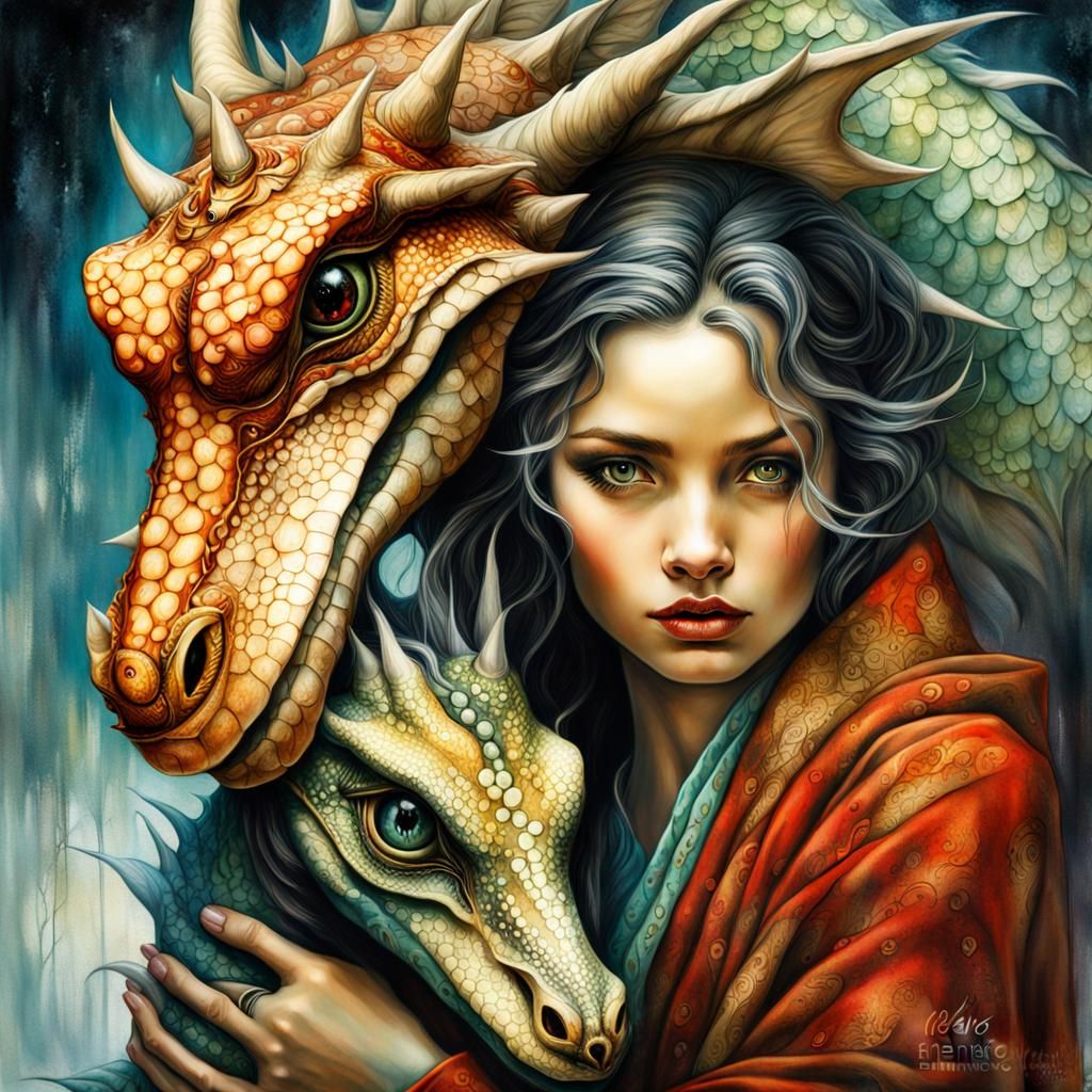 Woman and Dragon Hatchling in Dreamlike Fantasy Style