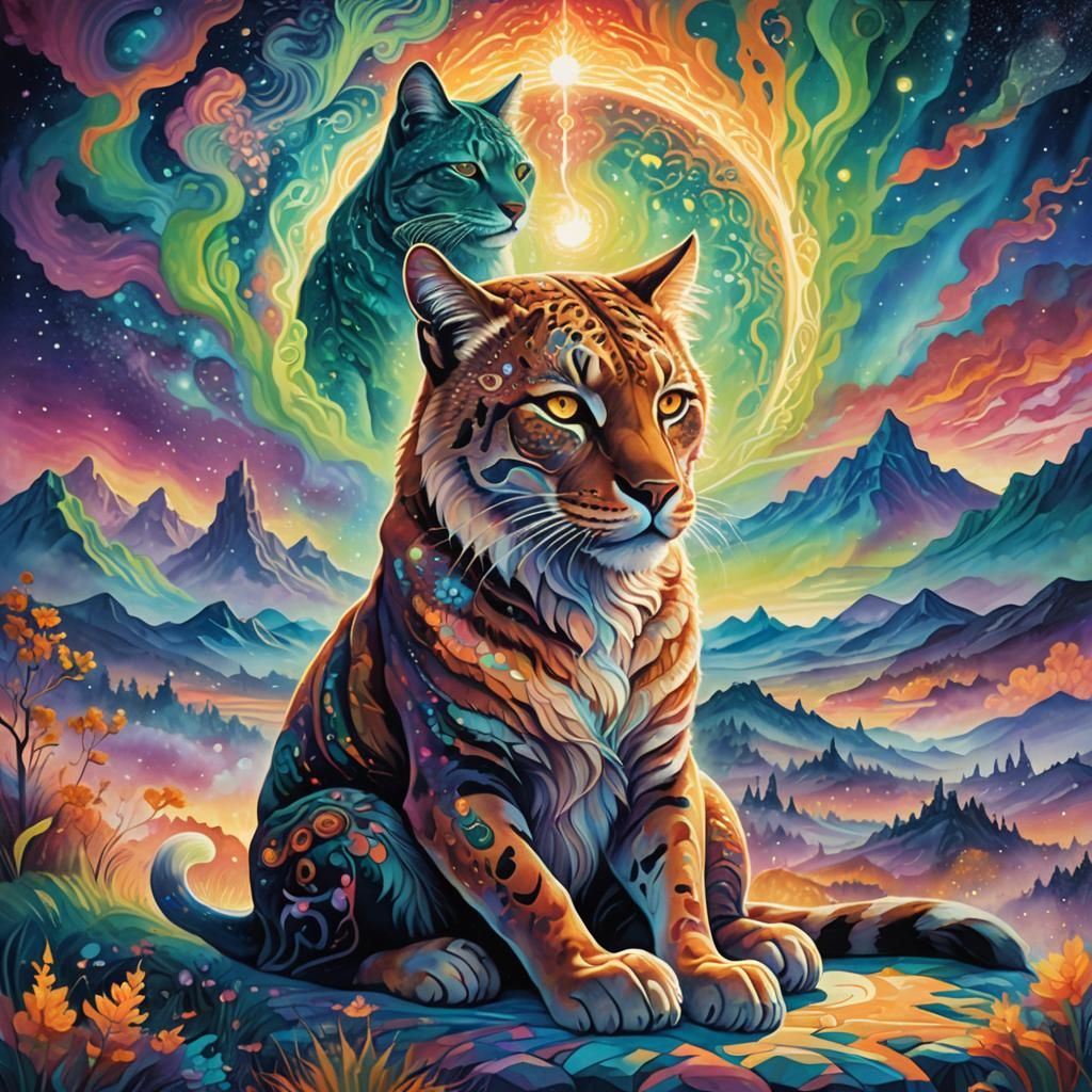 Mystic Landscape with Man and Feline, Surreal Illustration
