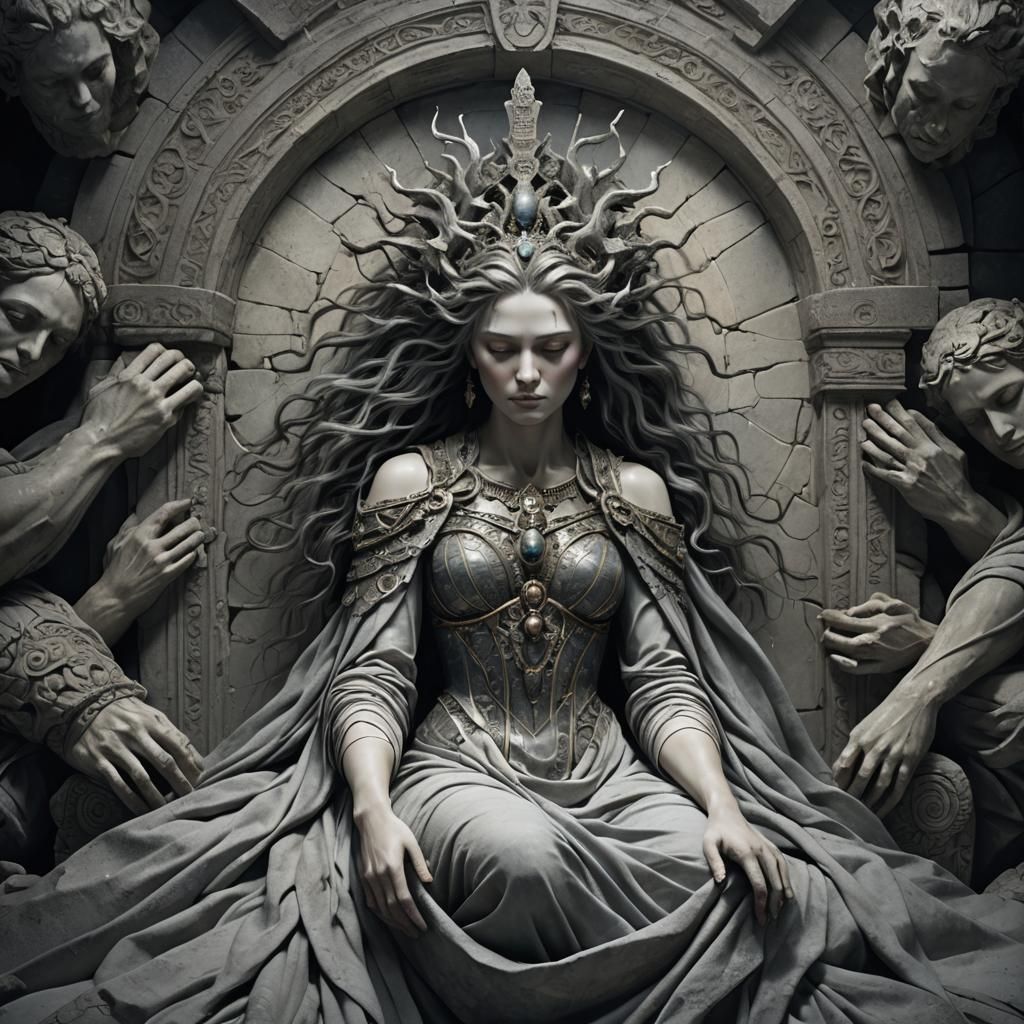 Stone Goddess on Deathbed: Epic Digital Matte Painting