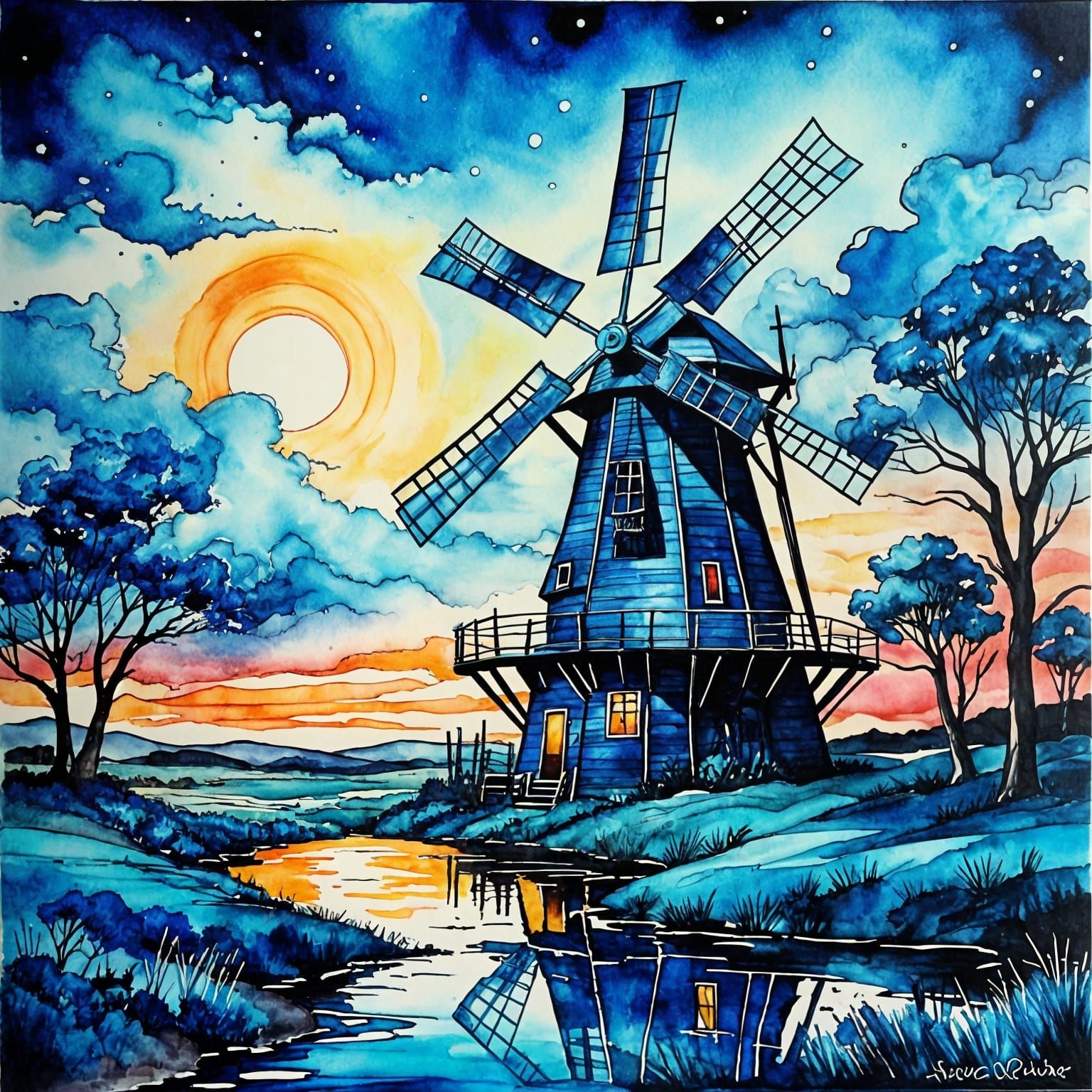 Blue Windmill Sunset in Alcohol Ink Style