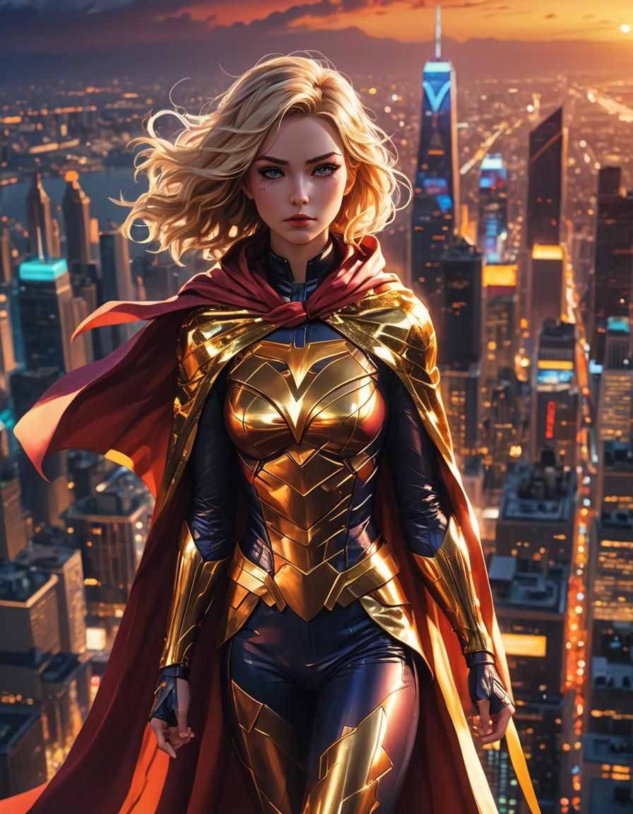 A young female superhero in a superhero suit and cape, metro...