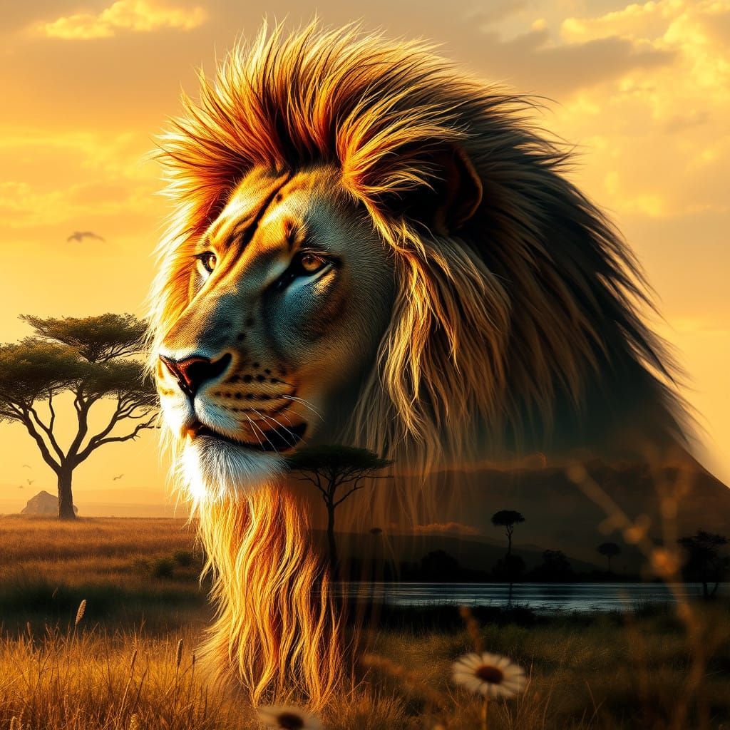 Surreal Lion in Double Exposure Landscape with Impressionist...