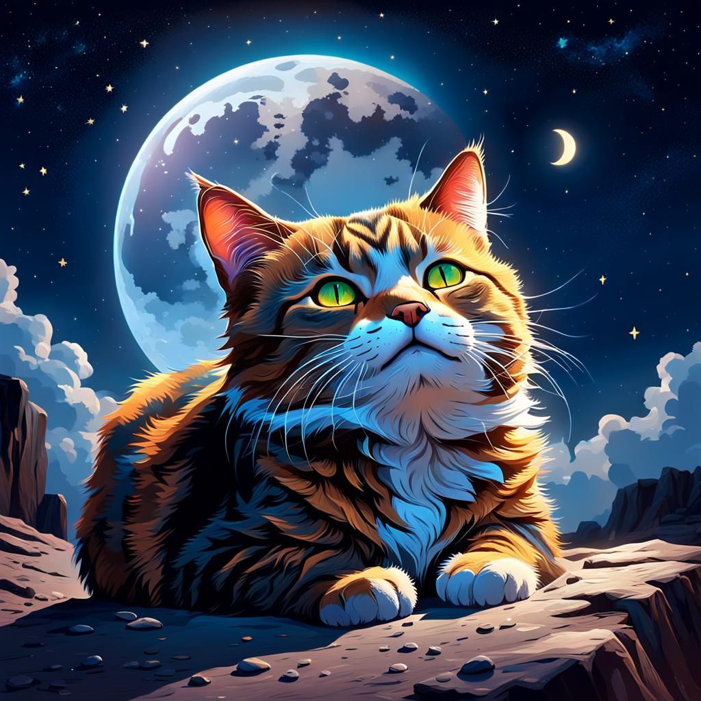 Un gato encantador   durmiendo sobre una luna nocturna creci...