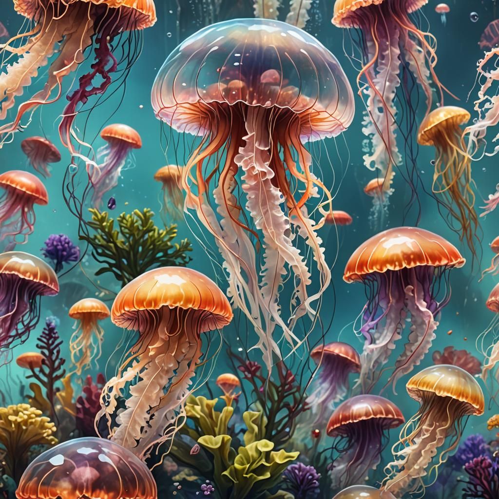Hyperrealistic Jellyfish in a Colorful Underwater Scene