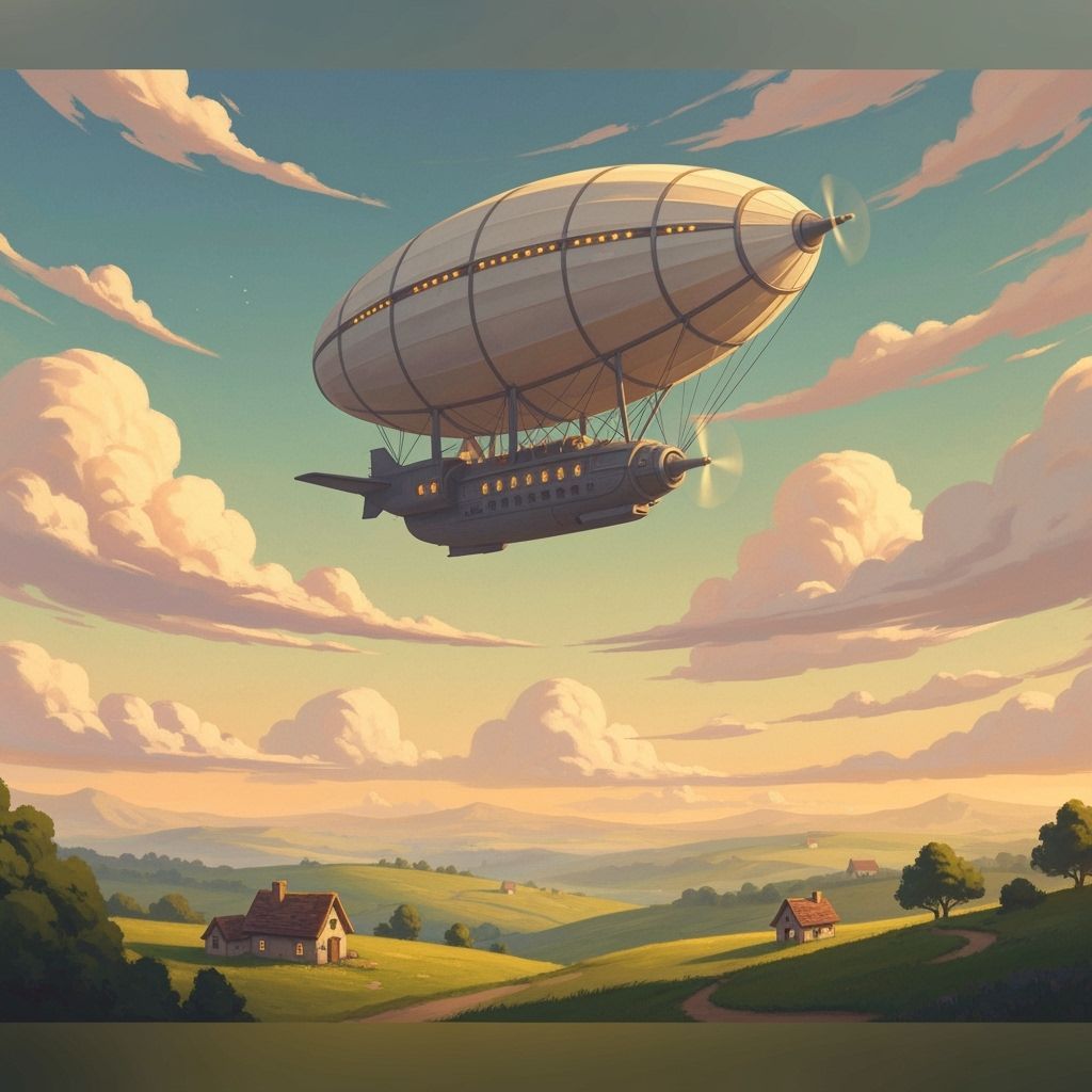 Painterly Airship Over Whimsical Cloudscape and Rolling Hill...