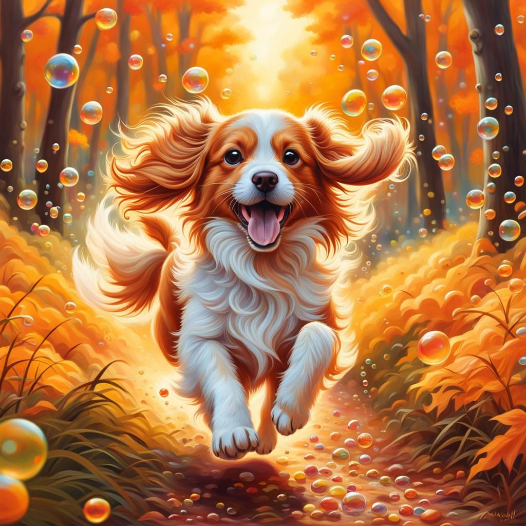 Happy Puppy Chasing Bubbles in Pastel Autumn Forest