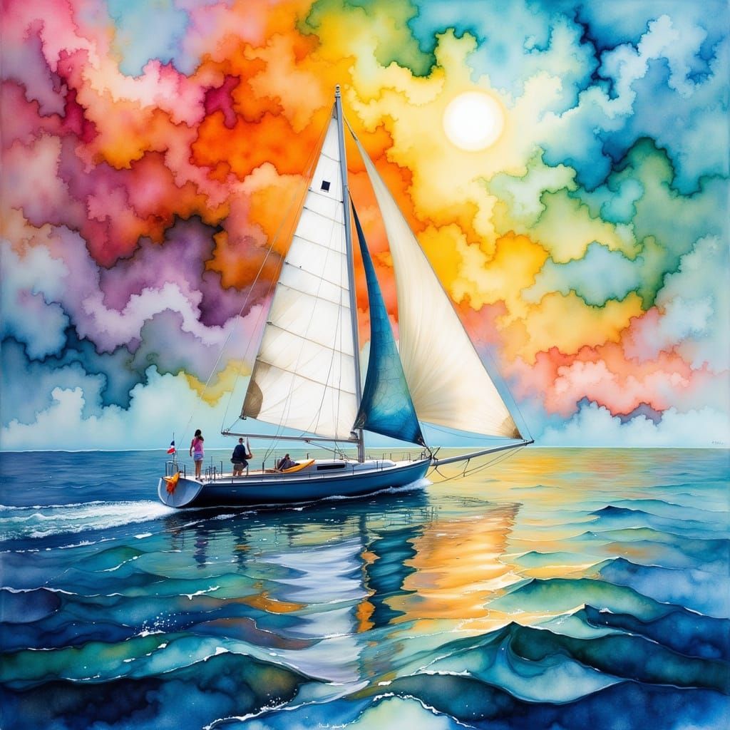 Sailboat Enters Harbour at Sunset in Vibrant Liquid Ink Styl...