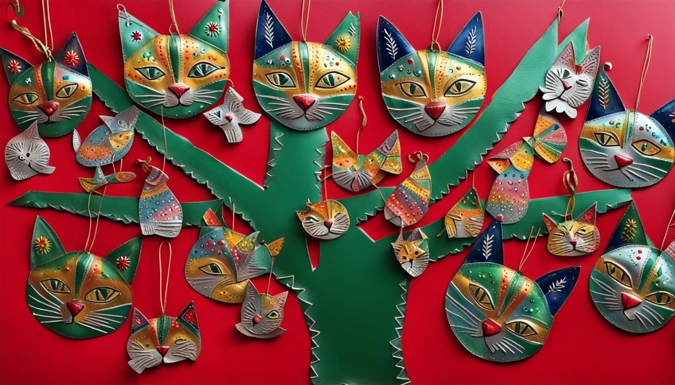Festive Cat Ornaments in Mexican Tin Folk Art